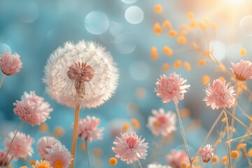 A field of pink flowers with a white dandelion in the middle