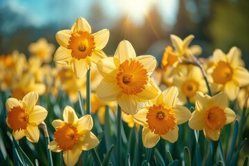 Obraz na płótnie Canvas A field of yellow daffodils with the sun shining on them