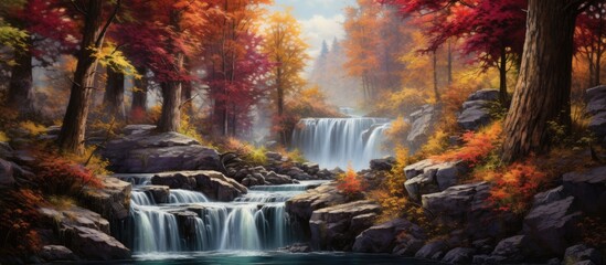 A painting featuring a majestic waterfall cascading down a rocky cliff in the heart of a lush autumn forest. The scene is alive with vibrant red, orange, and yellow foliage, creating a stunning