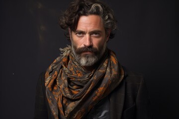 Portrait of a bearded man with a painted scarf. Studio shot.