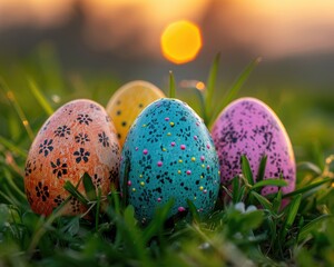 A charming, vibrant scene of multicolored Easter eggs scattered across a lush, green lawn under a clear, sunny sky. The eggs, painted in a variety of patterns and hues such as pastel pink, sky blue, l
