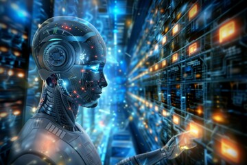 A robot is touching a computer screen in a futuristic setting