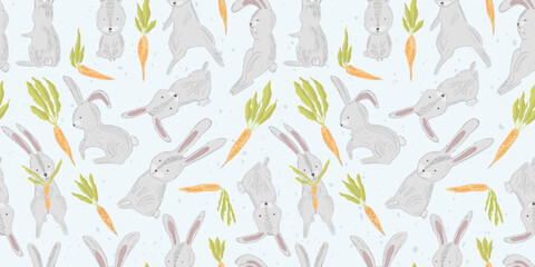 Cute playful Easter seamless pattern with jumping, sitting, sleeping gray rabbits and orange carrots. Spring hand drawn textured print for kids textile design, wrapping paper, surface