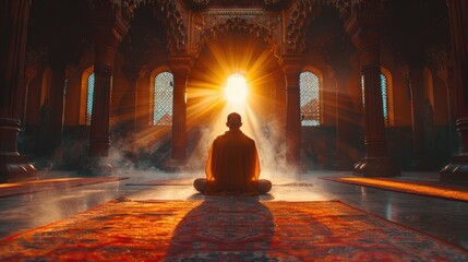 A Buddhist monk sitting in meditation with radiant light emanating from him.

