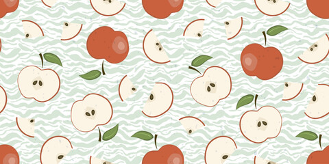 Cute vector seamless pattern with bright flat red apples on light green wavy brush strokes background. Summer fresh fruits print for textile, wrapping paper, surface, wallpaper design