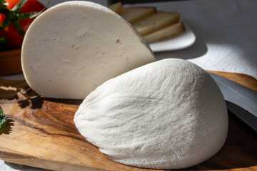 Freshly strained white soft goat cow sheep milk cheese, young Spanish cheese