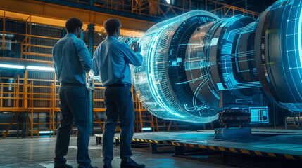 Fototapeta premium Industry 4.0 Two Engineers Standing and Talking in Factory Workshop with Augmented Reality 3D Model Concept of Giant Turbine Engine. Graphics Visualization. High Angle Shot. VFX Special Visual Effects