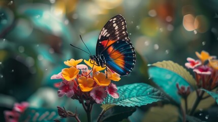 Fototapeta na wymiar Stunning butterfly displaying a spectrum of colors while resting on a vibrant flower in a forest setting. generative ai