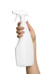 Woman holding plastic sprayer on white background, closeup