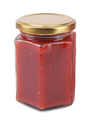Organic ketchup in glass jar isolated on white. Tomato sauce