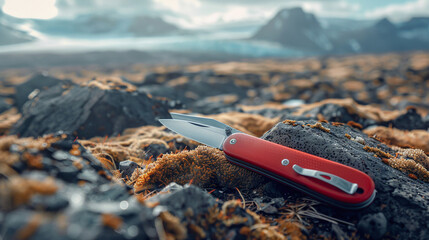 Outdoor Adventure, Red Pocket Knife on Rugged Terrain - obrazy, fototapety, plakaty
