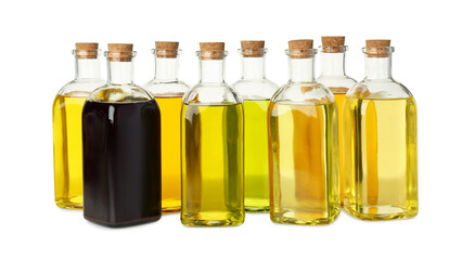 Vegetable fats. Bottles of different cooking oils isolated on white