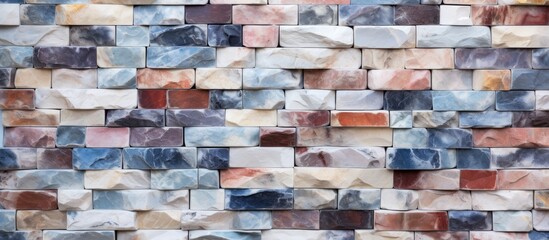 This close up showcases a diverse array of marble bricks in various shades, creating a visually striking multicolored brick wall. The bricks are arranged in a pattern that highlights the unique colors