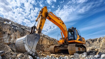 Excavator Digging in Quarry and Construction Site, Highlighting the power and scale of excavation equipment in various industrial and construction - obrazy, fototapety, plakaty