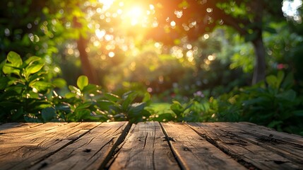 Wooden Table Basking in Sunlight and Greenery, To provide a visually appealing and peaceful image of a wooden table in a natural setting, suitable