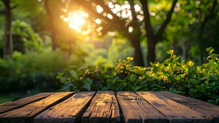 Naklejka na ściany i meble Wooden Table in Green Garden at Sunset, To capture the beauty and serenity of nature and the outdoors in a still image, suitable for use in a variety