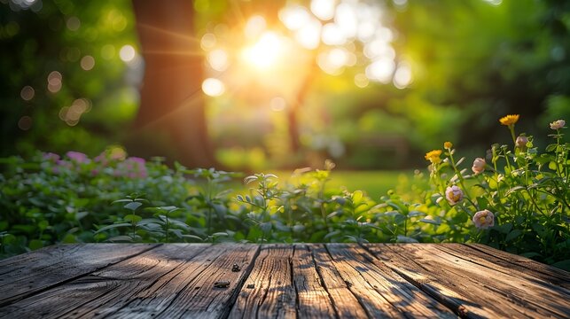 Wooden Desk in Summer Garden at Sunset, To convey a sense of serenity, tranquility, and appreciation of nature Suitable for websites, blogs, or