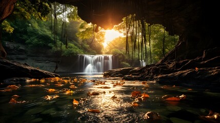 Sunrise Waterfall in Indonesian Art Style Cave, To provide a unique and captivating image of a waterfall in a cave at sunrise, perfect for use as a