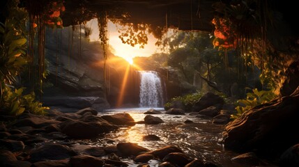 Fototapeta na wymiar Sunrise at the Waterfall in the Australian Grotto, Use this stunning high-resolution stock photo of a sunrise behind a waterfall in an underground