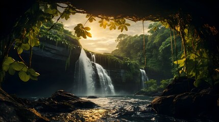 Tropical Sunrise Waterfall in the Jungle, To provide a stunning and versatile waterfall image for use in a variety of contexts, from digital stock