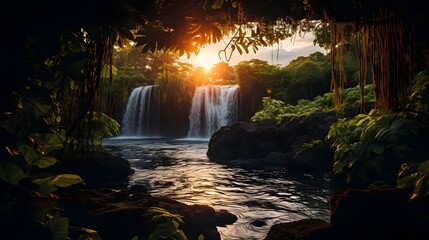 Tropical Sunset Waterfall in the Art Style of Tonga, To provide a visually striking and culturally unique representation of a tropical waterfall in a