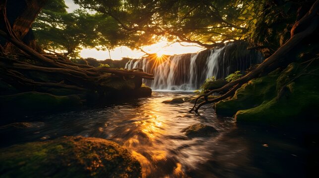 Waterfall in Forest at Sunset, To provide a visually appealing and high-quality stock photo of a waterfall in a forest at sunset, suitable for