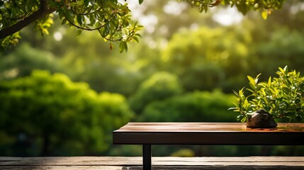 Wooden Bench and Table Surrounded by Nature, To provide a high-quality, versatile image of a wooden bench and table in a nature setting, suitable for