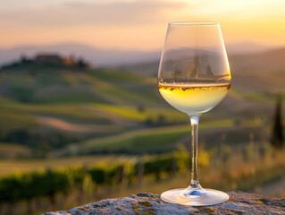 Glass of white wine with tuscany background