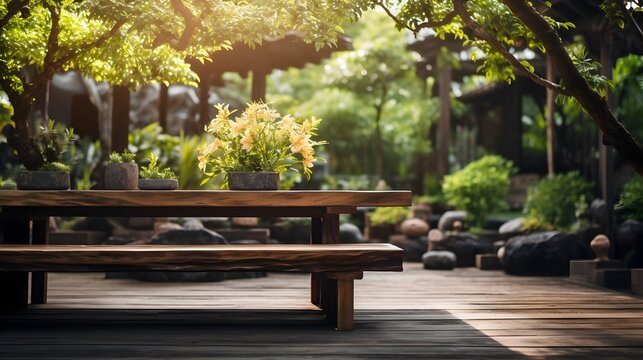 Wooden Garden Table with Nature View in Zen Style, This image showcases a beautiful and serene wooden garden table with a nature view, providing