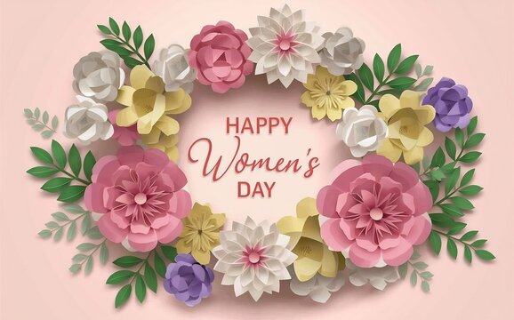 Happy "Women's Day"! Paper art-style floral arrangements. generative, illustration, typography, painting
