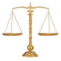 Elegant Golden Scales of Justice in 3d render with transparent background