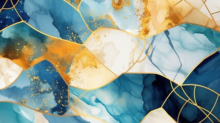 Gold and blue marble abstract geometric shape background watercolor texture