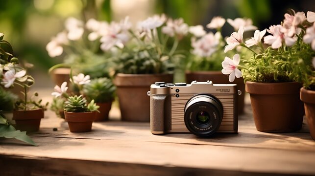 Digital Camera Surrounded by Vibrant Flowers and Plants, To provide a high-quality, visually appealing image of a digital camera with a natural and
