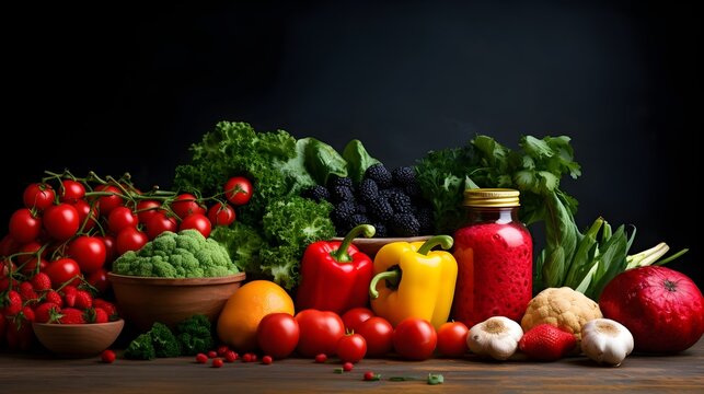 Vibrant Fruits and Vegetables on a Dark Table, To sell the image on a stock photo site by making it easily discoverable and attractive to potential