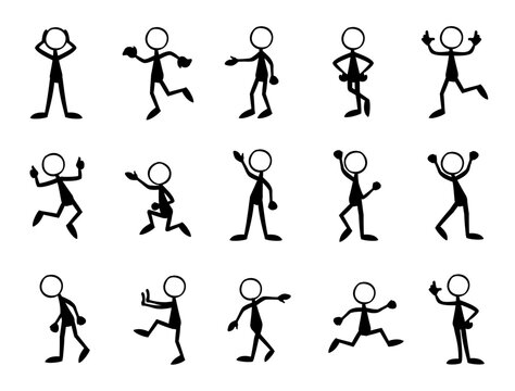 Set of black and white silhouettes of silhouette stick man people. Vector illustration. 