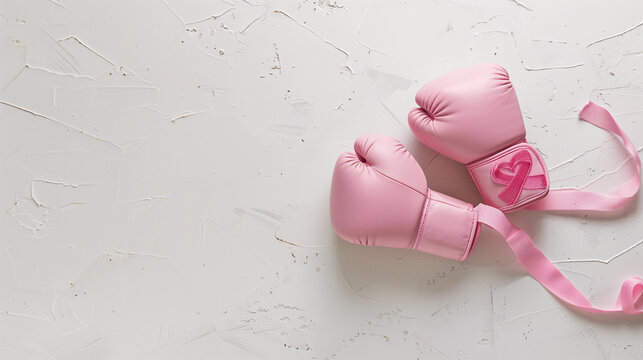 Boxing gloves to fight pink cancer boxing gym for breast oncology charity fundraiser flatlay health awareness month women health lifestyle sport survive chemo exercise female motivation copy space  