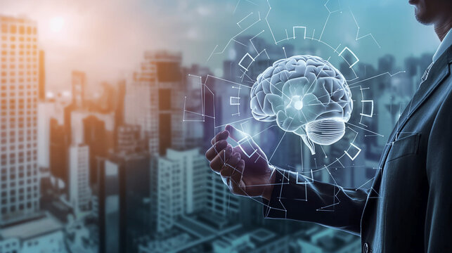 Industry 4.0, Businessman touching brain in cogwheel, Innovative and futuristic, Business process workflow development and optimisation of construction industrial on city background.