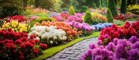 A vibrant garden bursting with a plethora of colorful flowers, creating a stunning display of natural beauty. Various hues and types of flowers fill every corner, attracting bees and butterflies. - obrazy, fototapety, plakaty