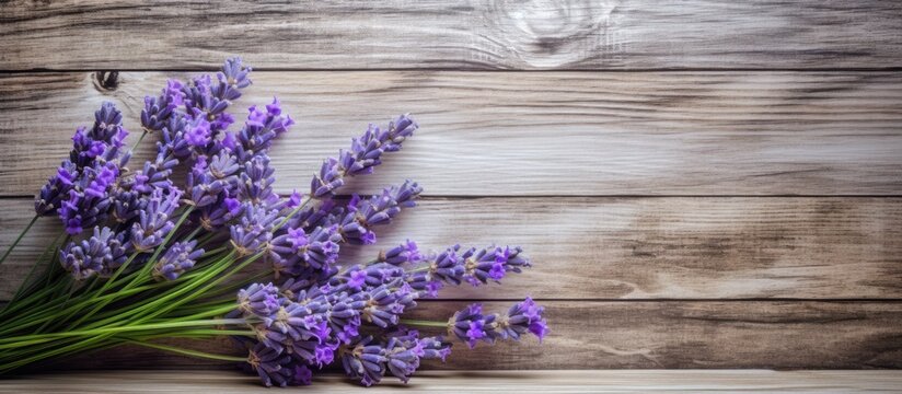 A cluster of vibrant lavender flowers displayed on a weathered wooden table, creating a rustic and charming scene with a soothing color palette.