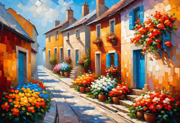 Fototapeta na wymiar A village street with flowering flowers on the home facades. Summertime cityscape. Horizontal oil painting with impasto.