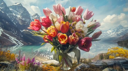 Fototapeta na wymiar nature with a stunning bouquet of tulips generative ai