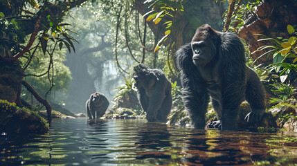 gorillas playing in the river - obrazy, fototapety, plakaty