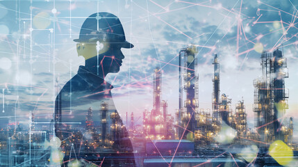 Double exposure of Engineer with oil refinery industry plant background, industrial instruments in the factory and physical system icons concept.
