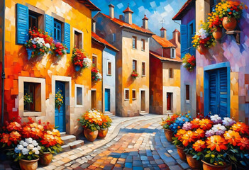 A village street with flowering flowers on the home facades. Summertime cityscape. Horizontal oil painting with impasto.