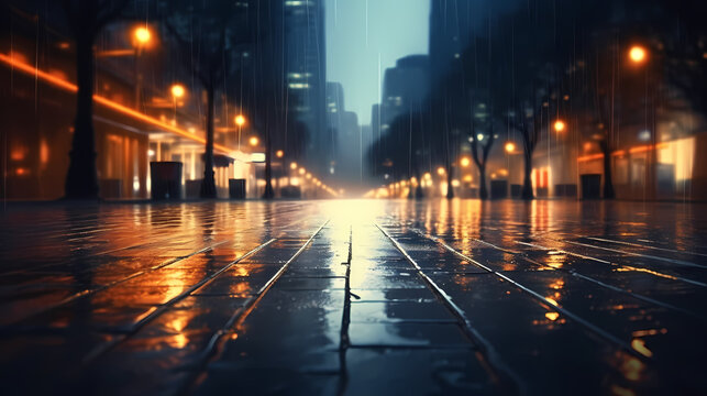 Bright bokeh city lights reflected on wet road surface