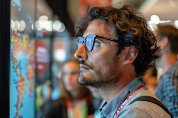 A digital economy conference focused on energy transition, showcasing a live demo of an app tracking environmental impacts, attendees engaging with interactive displays and sustainable practices