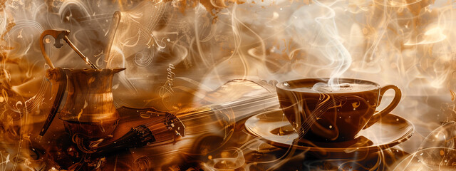 Double exposure of coffee and musical instrument, harmonizing the rich notes of coffee with the symphony of melodies. - 751925591