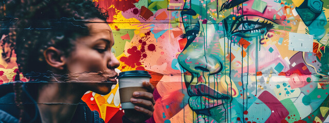 Vibrant synergy of a person enjoying coffee and colorful street art, a feast for the senses.