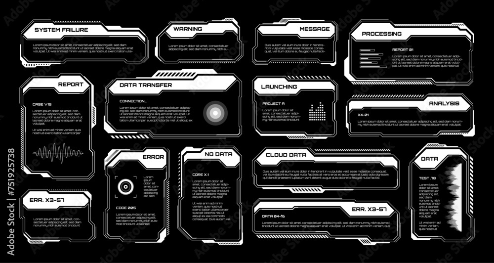 Aufkleber white futuristic hud, ui elements. sci-fi user interface text boxes, callouts. warning message frame