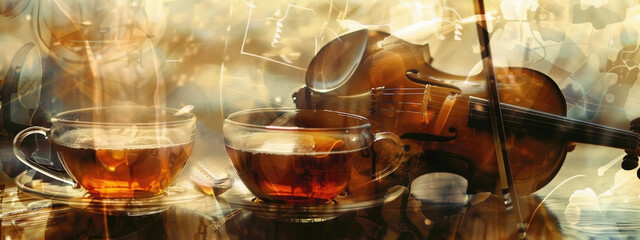 Double exposure of cups of tea and musical instruments, harmonizing the rich notes of the drink...